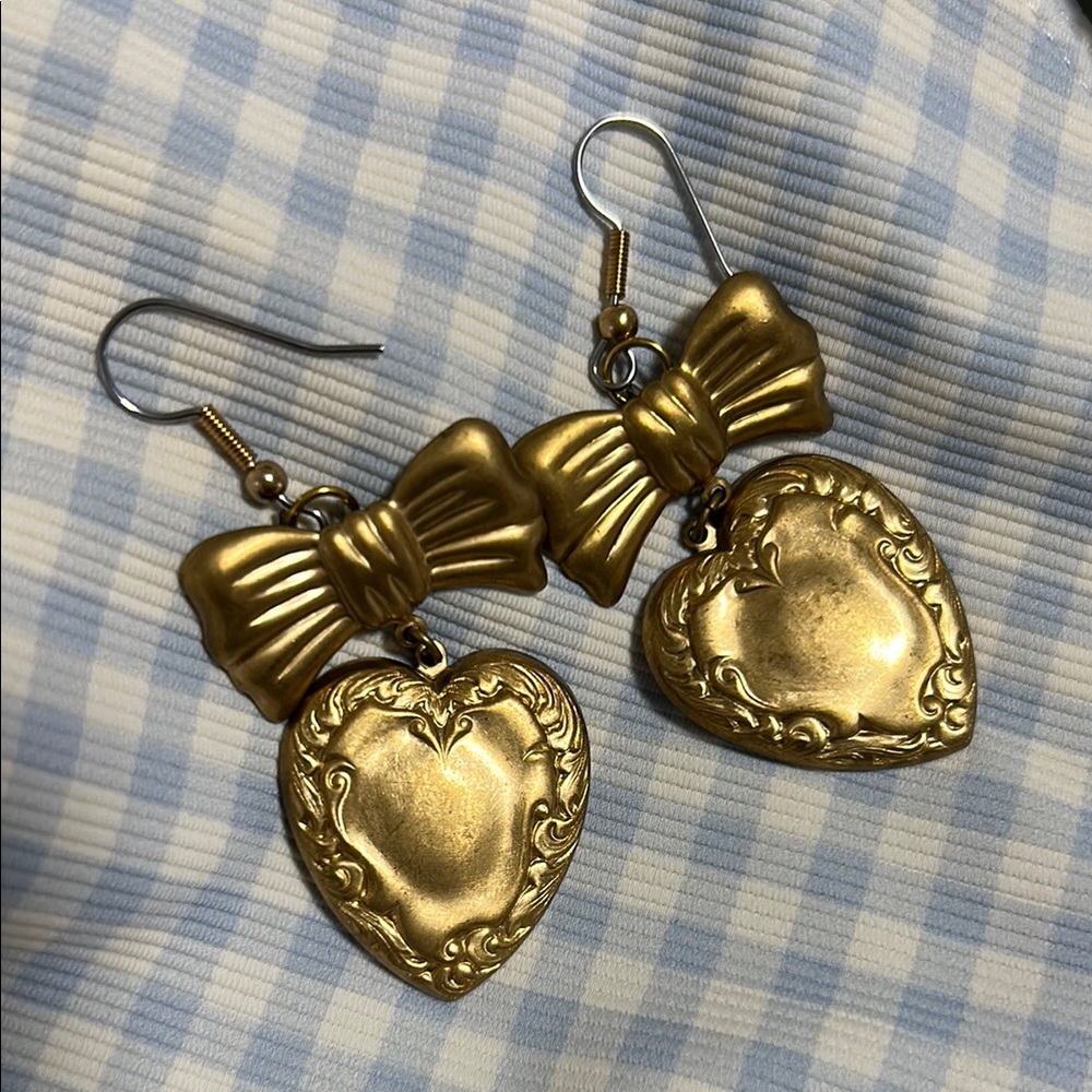 Gold Heart Bow Earrings